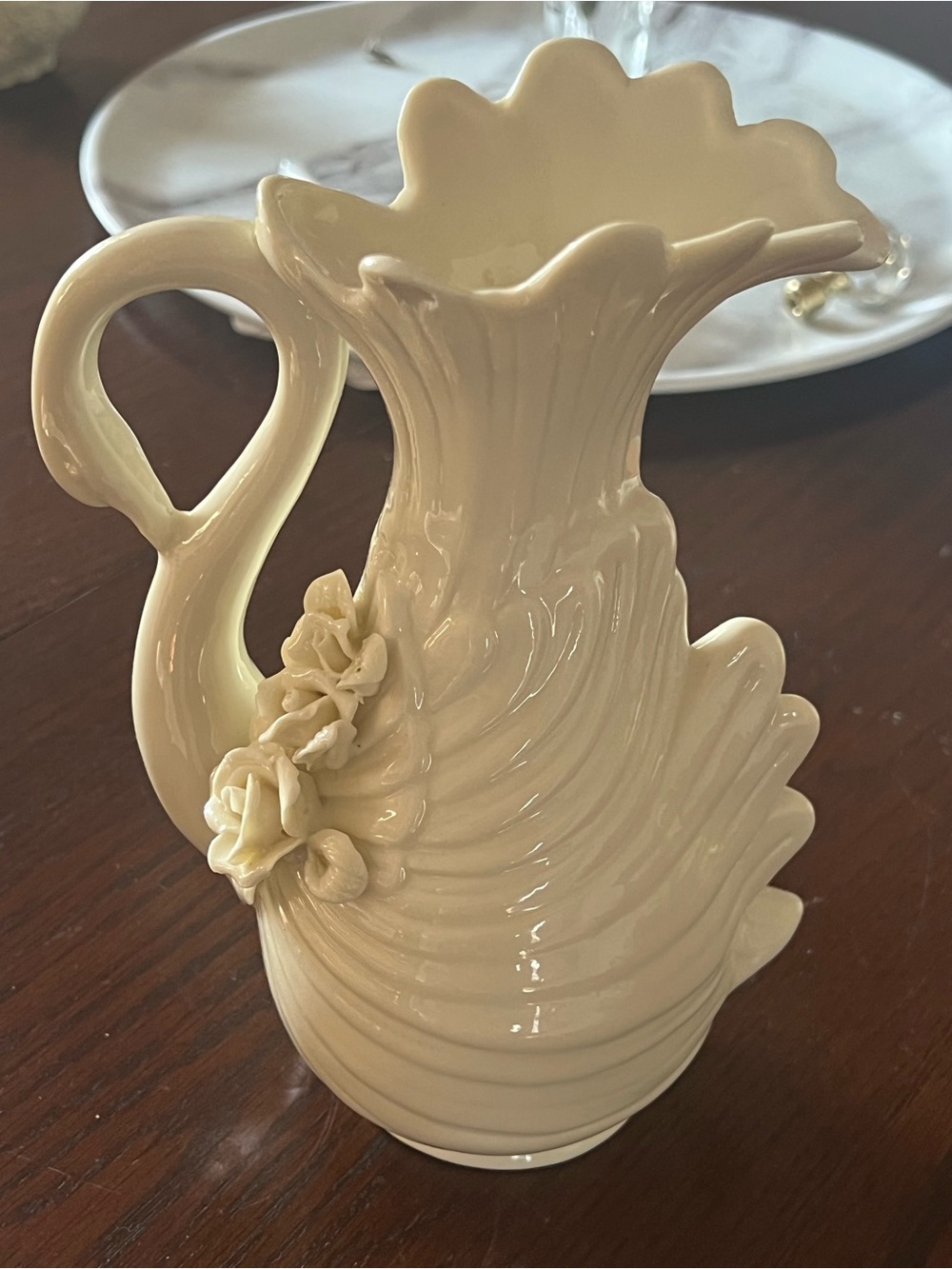 Cream Ceramic Decorative Pitcher Vase with Swan and Floral Accents